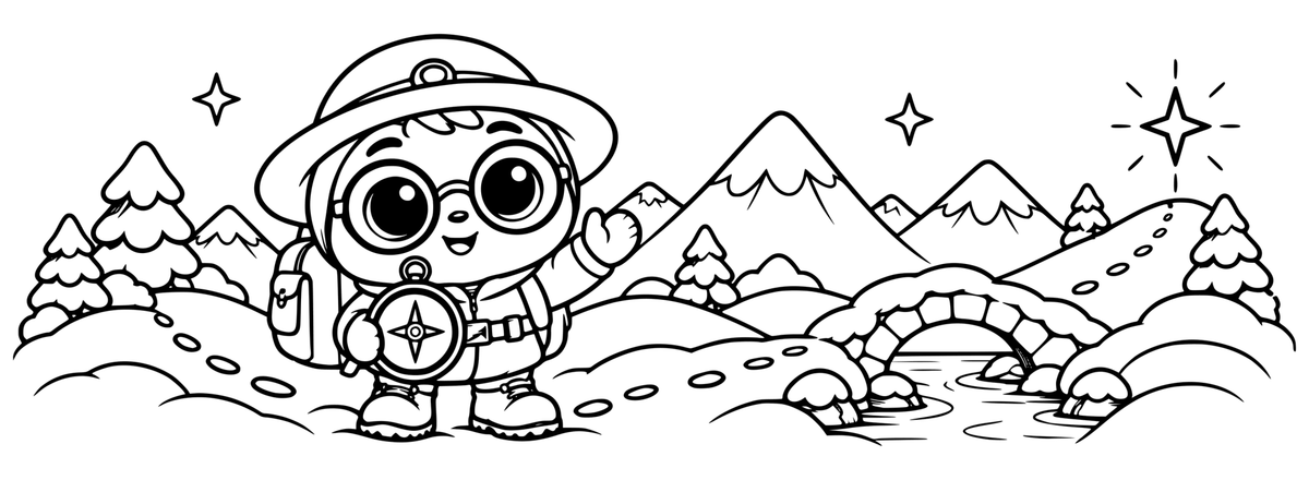 Frosty Compass Quest — flat black-and-white 360-degree laser engraving artwork with a smiling explorer, compass and snowy landscape.