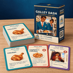 Galley Dash box and ingredient deck with Chicken, Captain's Chicken and Alex cards on a wooden table.