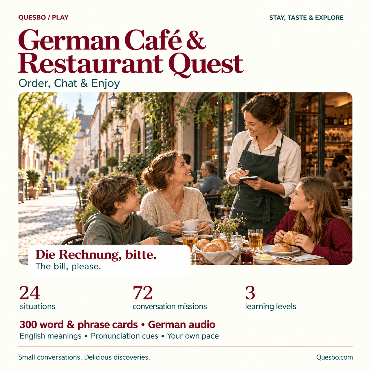German Café & Restaurant Quest cover: Order, Chat & Enjoy; 24 situations, 72 missions, three learning levels and German audio.