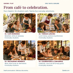 Four German café chapters: mornings, terrace lunches, restaurant moments, and celebrations with six situations each.