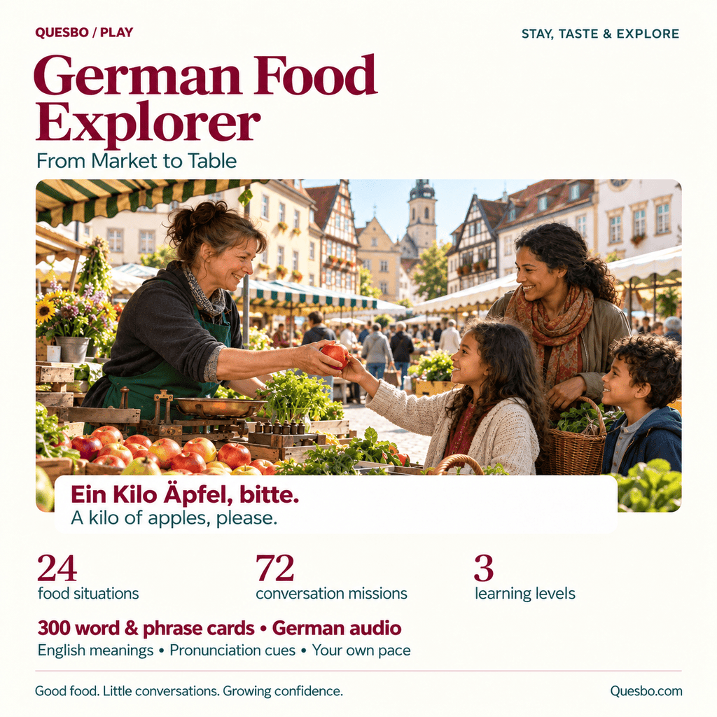 German Food Explorer — From Market to Table: course cover with 24 situations, 72 missions and 300 cards