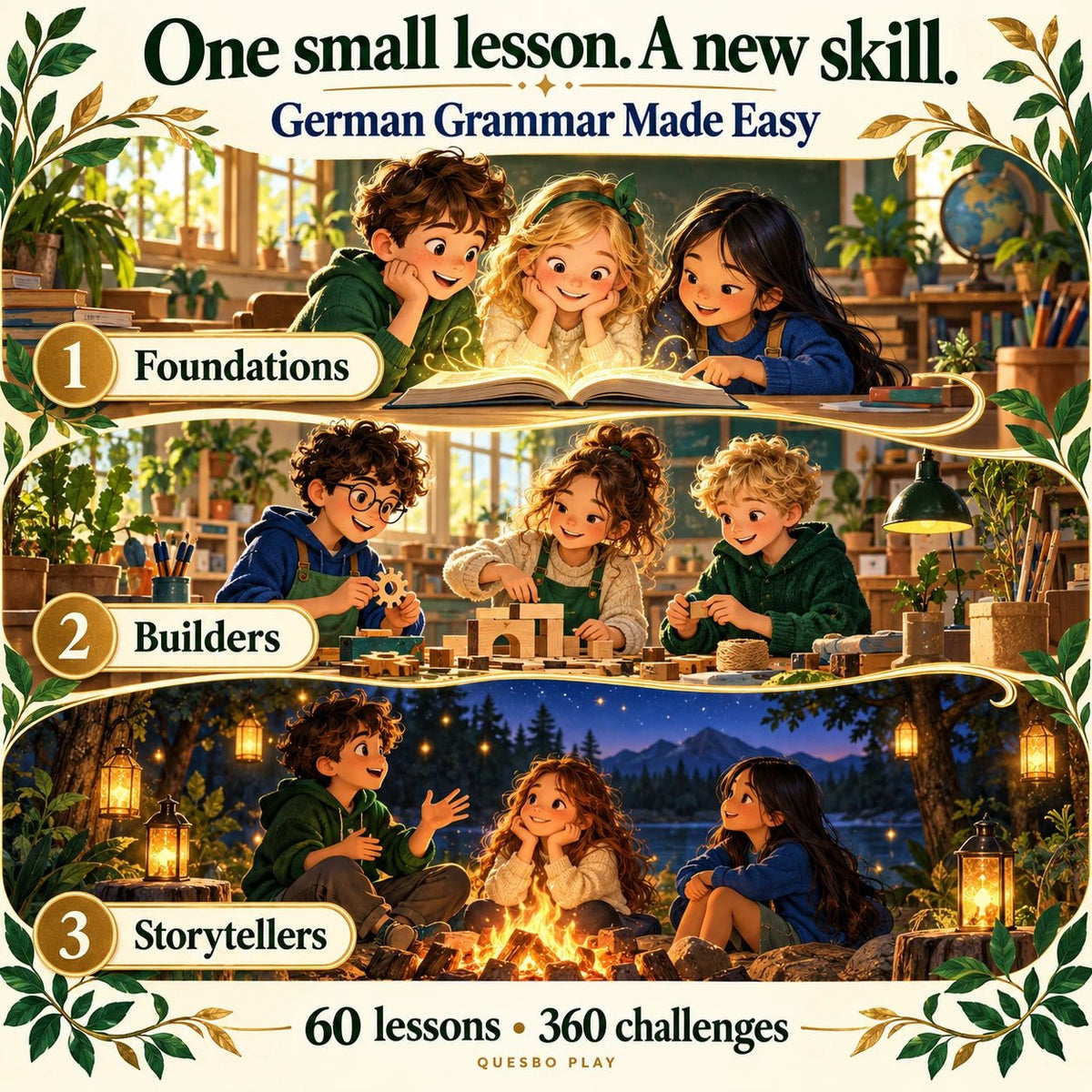 German Grammar Made Easy overview of the Foundations, Builders and Storytellers learning levels.