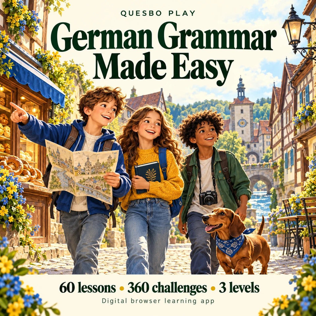German Grammar Made Easy cover with illustrated children in a German town, presenting sixty lessons, three levels and practical grammar challenges.