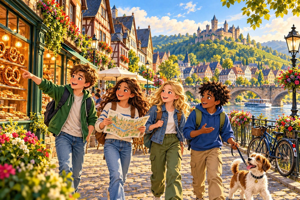 Children explore a welcoming German town with a fountain, half-timbered houses and a friendly learning adventure.