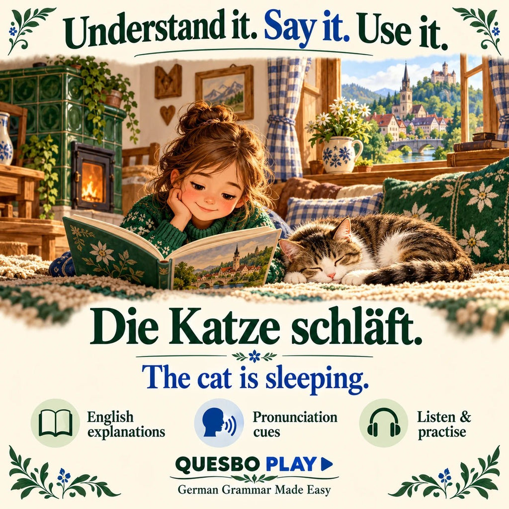 German Grammar Made Easy illustrated overview showing German sentences with English translation, pronunciation guidance and audio support.