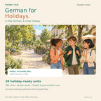 German for Holidays beginner course cover with three young travellers greeting each other in a German town square, a bilingual greeting and 20-unit, 480-card benefits.
