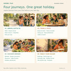 Four illustrated German holiday learning journeys covering arrivals, travel, food, shopping, sightseeing and family activities.