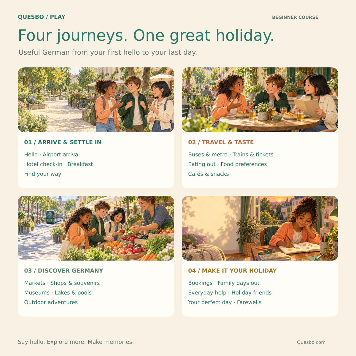 Four illustrated German holiday learning journeys covering arrivals, travel, food, shopping, sightseeing and family activities.