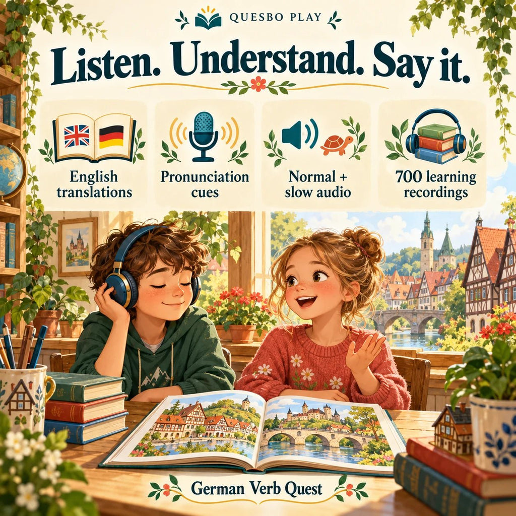 German Verb Quest learning support: English translations, pronunciation cues, normal and slow audio, and 700 learning recordings.