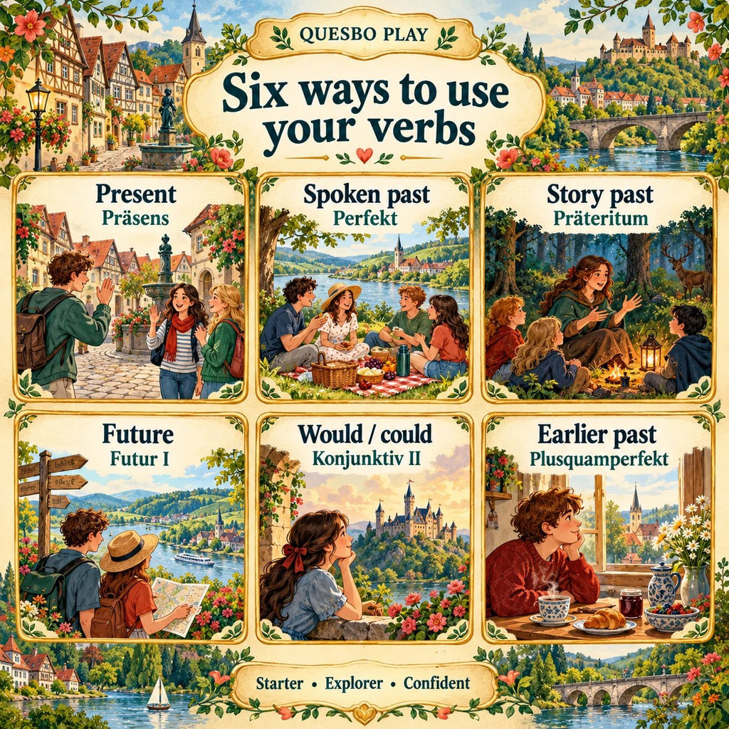 Six German practice patterns: present, spoken past, story past, future, would/could and earlier past, across three learning levels.