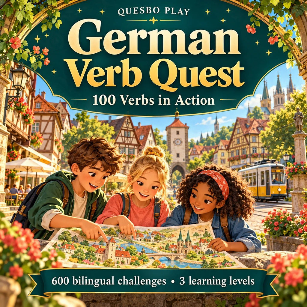 German Verb Quest cover: 100 Verbs in Action, 600 bilingual challenges and three learning levels, above an illustrated German town adventure.