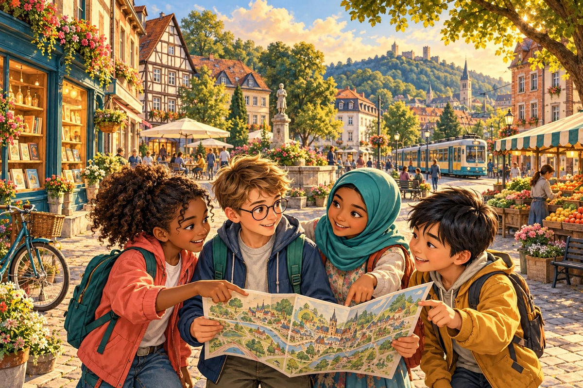 Four children explore a pictorial map in a sunny German town square with timber houses, flower stalls and a tram.