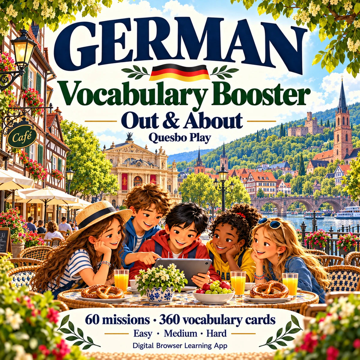 German Vocabulary Booster — Out & About: 60 missions and 360 vocabulary cards.