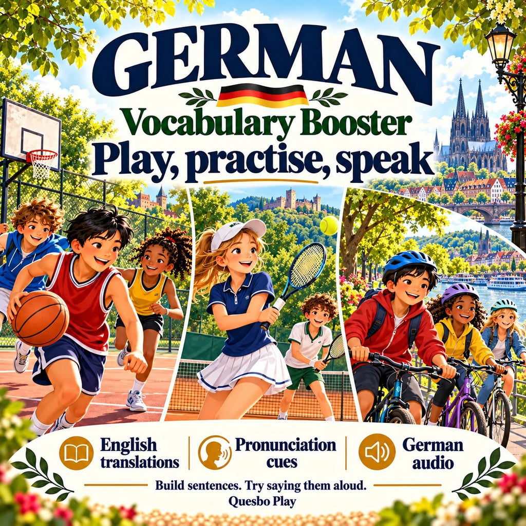 German Vocabulary Booster — Out & About: English translations, pronunciation cues and German audio.