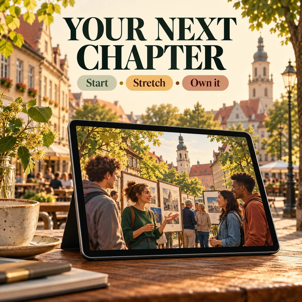 Germany Quest 365 graphic headed Your Next Chapter, with Start, Stretch and Own It options above a tablet showing an illustrated conversation.