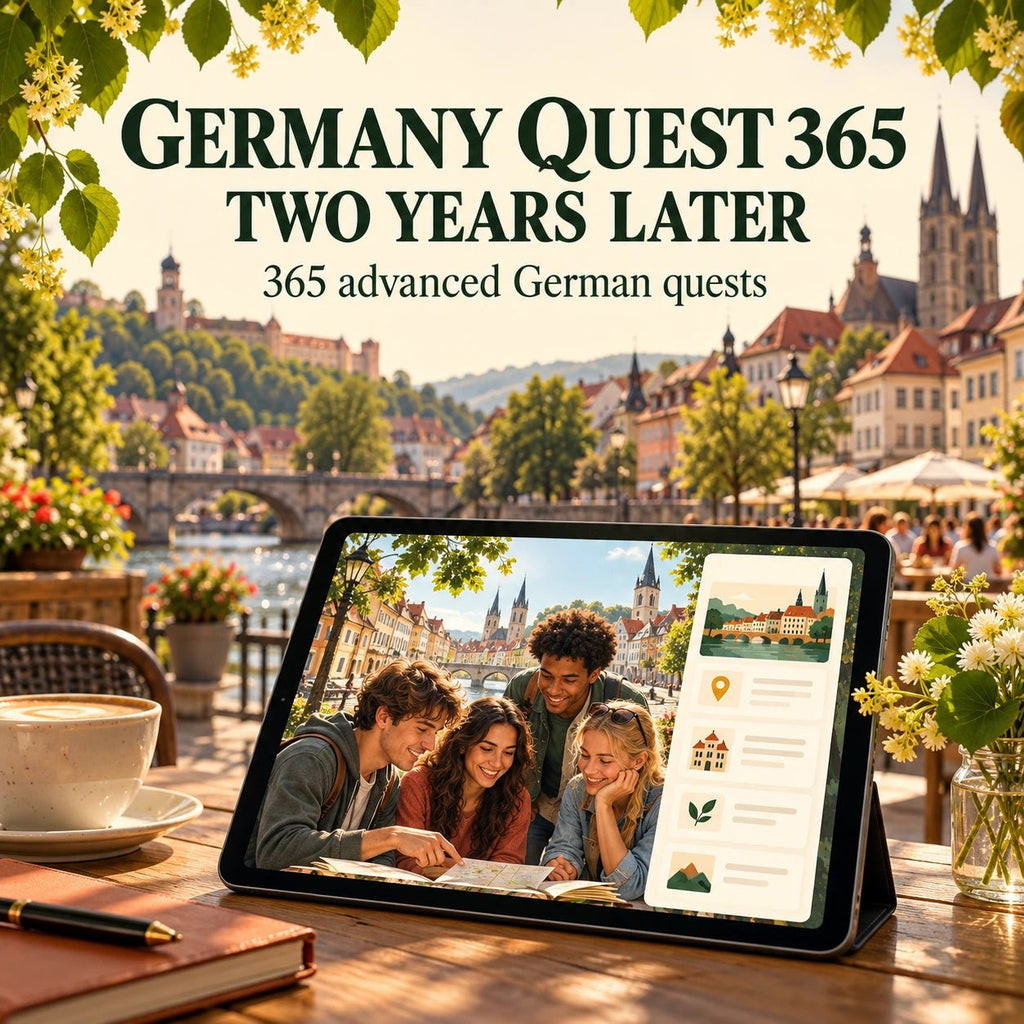 Germany Quest 365: Two Years Later promotional graphic with a tablet displaying an illustrated lesson, presenting 365 advanced German quests.
