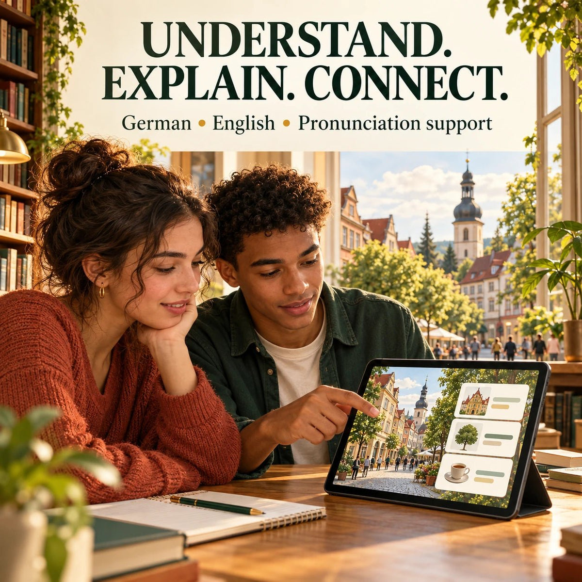 Germany Quest 365 graphic showing two learners using a tablet, with Understand. Explain. Connect. and German, English and pronunciation support.