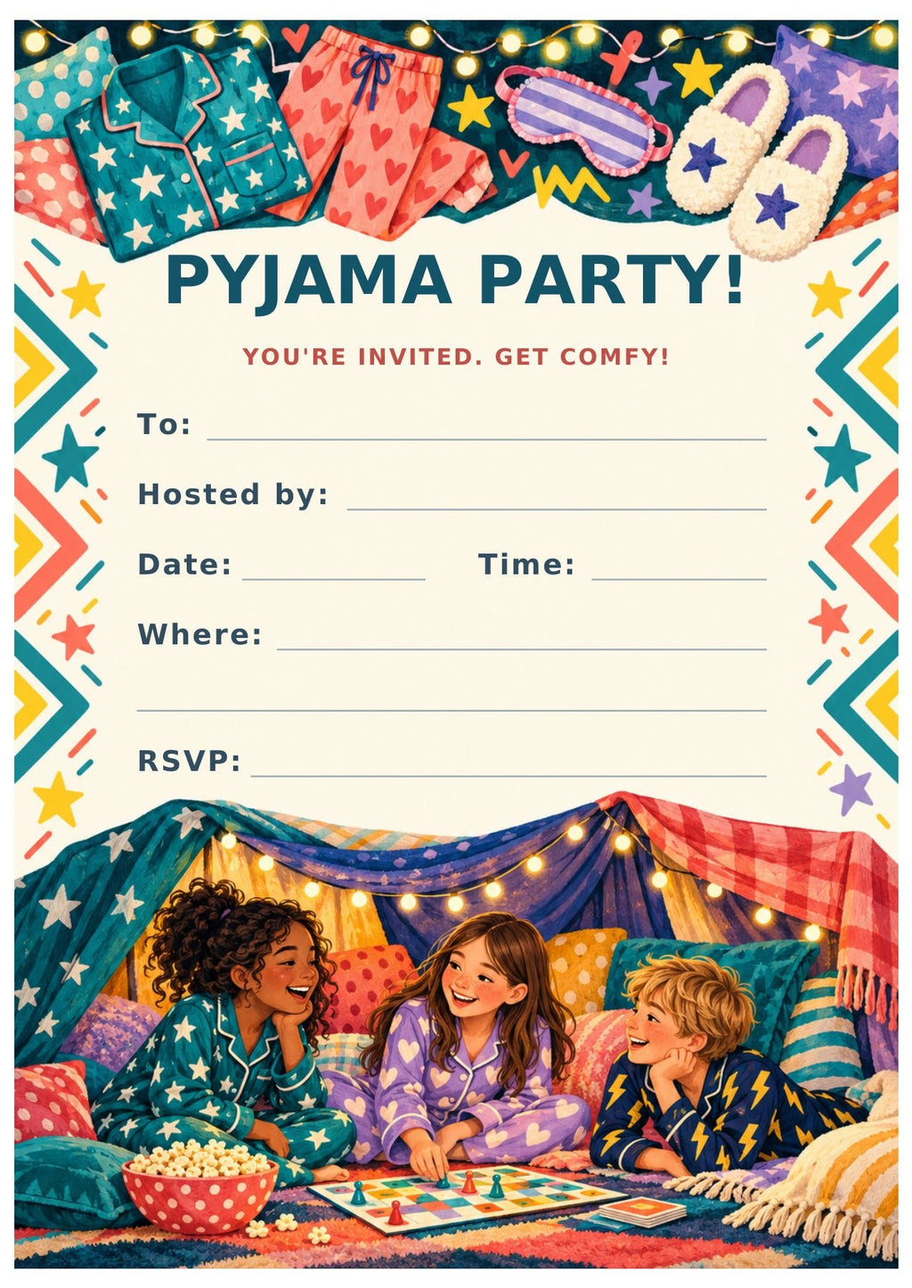 Pyjama Party invitation with colourful pyjamas and stars above, friends gathered below and fill-in details in the centre.