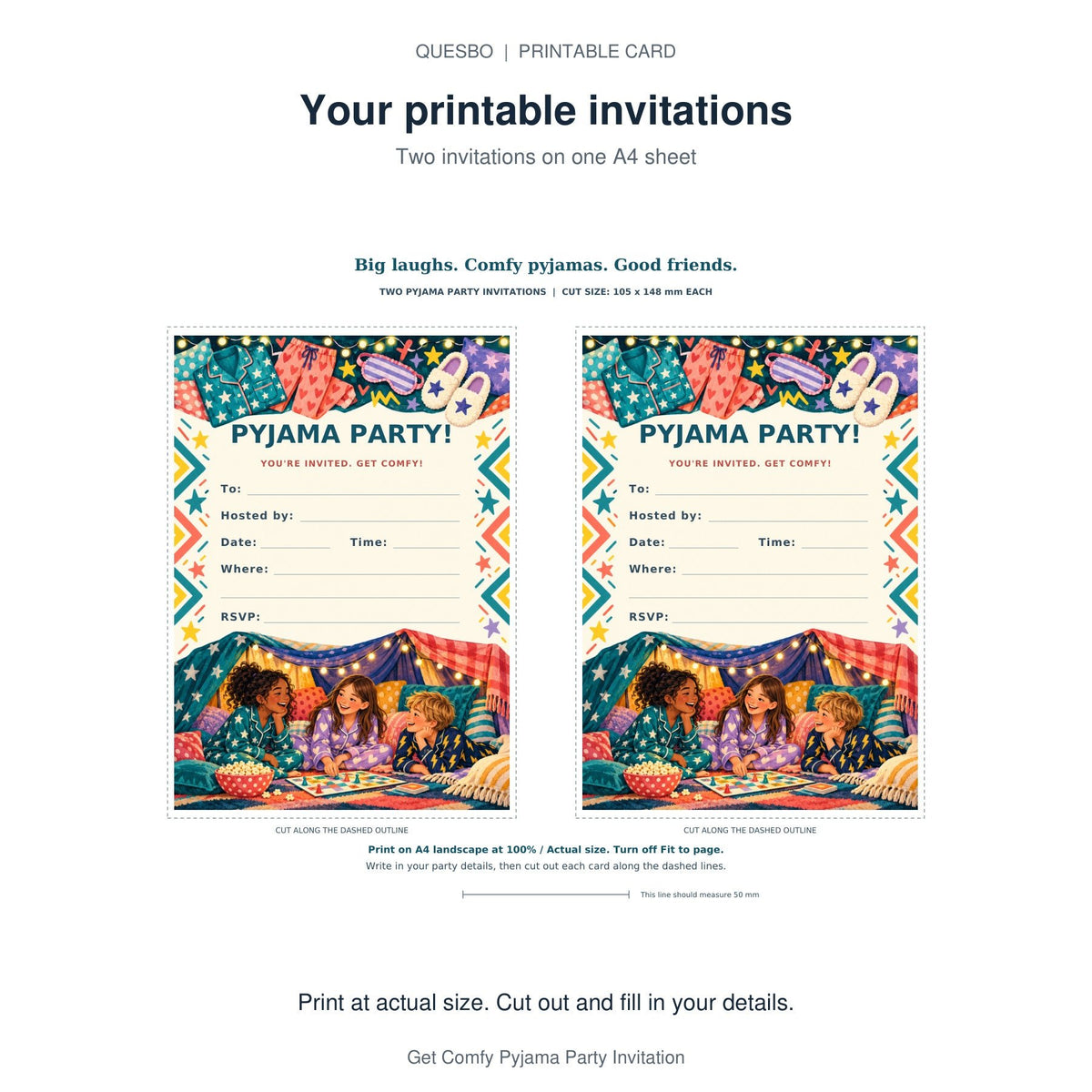 PDF print layout for Get Comfy Pyjama Party Invitation, showing two invitations and the wording and blank event-detail fields.