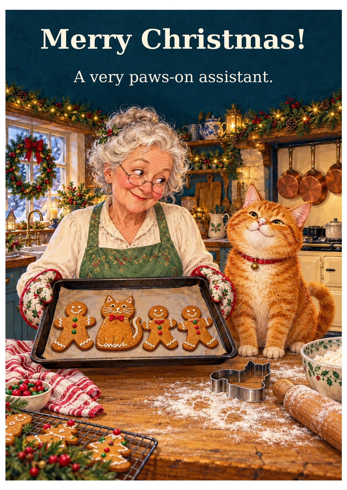 Gingerbread cat Christmas card with “Merry Christmas!” and “A very paws-on assistant.”