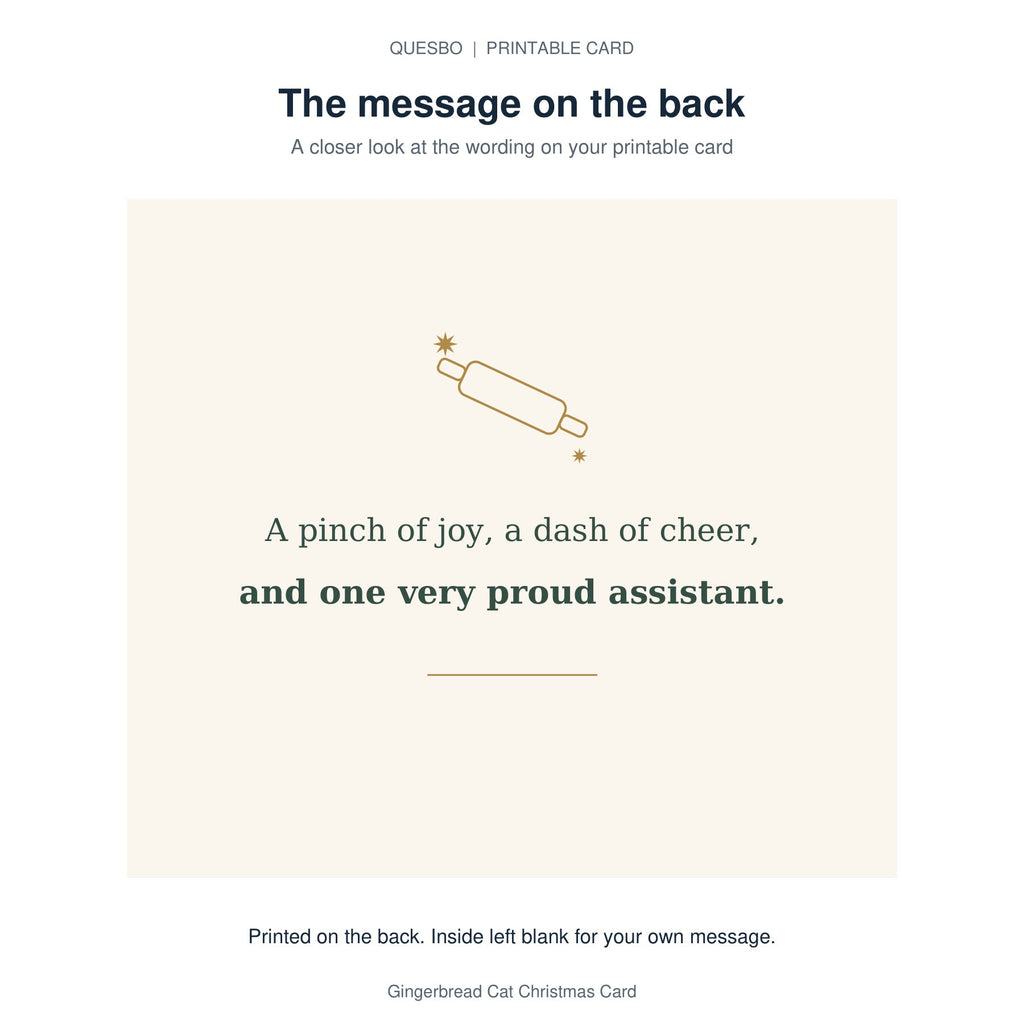 Printed message on the back of the PDF card: A pinch of joy, a dash of cheer, and one very proud assistant. The inside is blank for your own handwritten message.