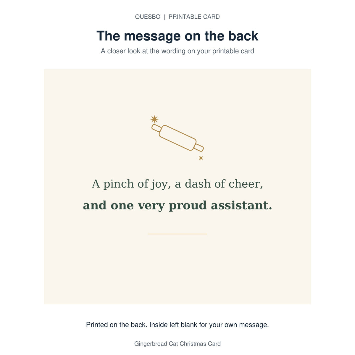 Printed message on the back of the PDF card: A pinch of joy, a dash of cheer, and one very proud assistant. The inside is blank for your own handwritten message.