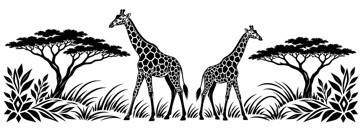 Giraffe Savannah Mosaic - flat black-and-white panoramic laser engraving artwork. Two giraffes stand between acacia trees, sweeping grasses and angular botanical ornaments.