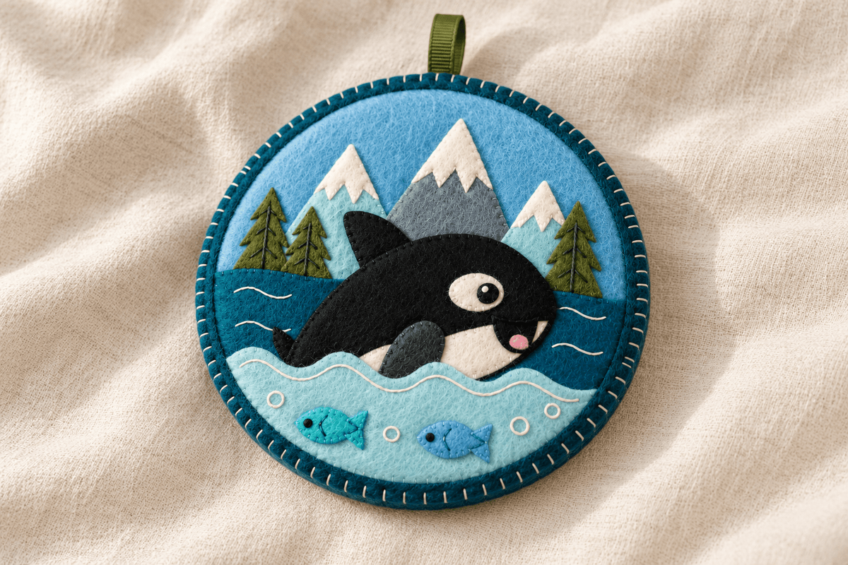 Angled detail of the layered felt orca scene, hand-sewn edge and short hanging loop