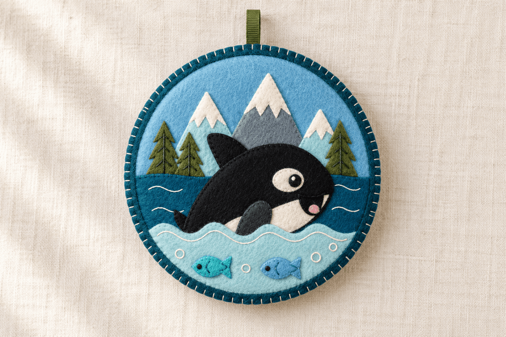 Front view of a round felt orca hanging ornament with mountains, evergreens, ocean waves and two fish