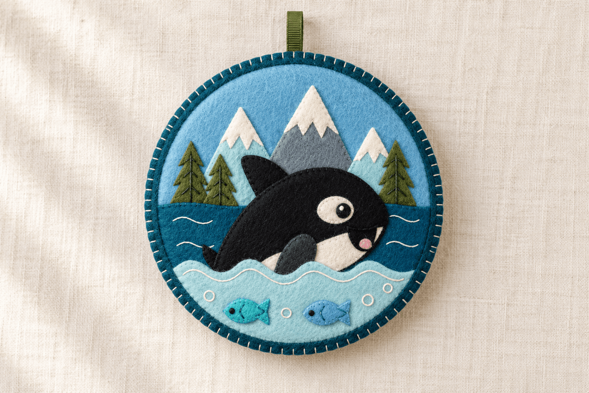 Front view of a round felt orca hanging ornament with mountains, evergreens, ocean waves and two fish