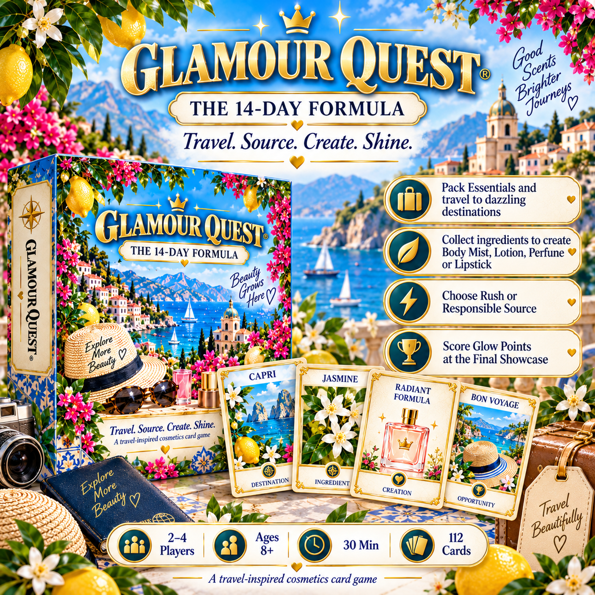 Glamour Quest®: The 14-Day Formula – Travel & Cosmetics Strategy Card Game | Ages 8+ - Quesbo