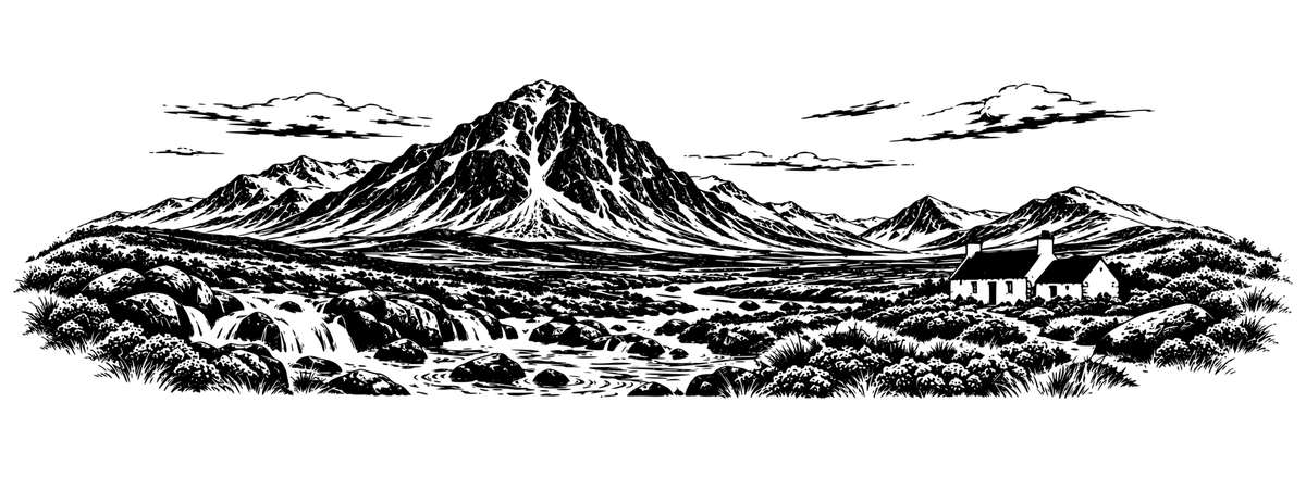 Glencoe Mountain Pass: black-and-white panoramic laser engraving artwork, design only.