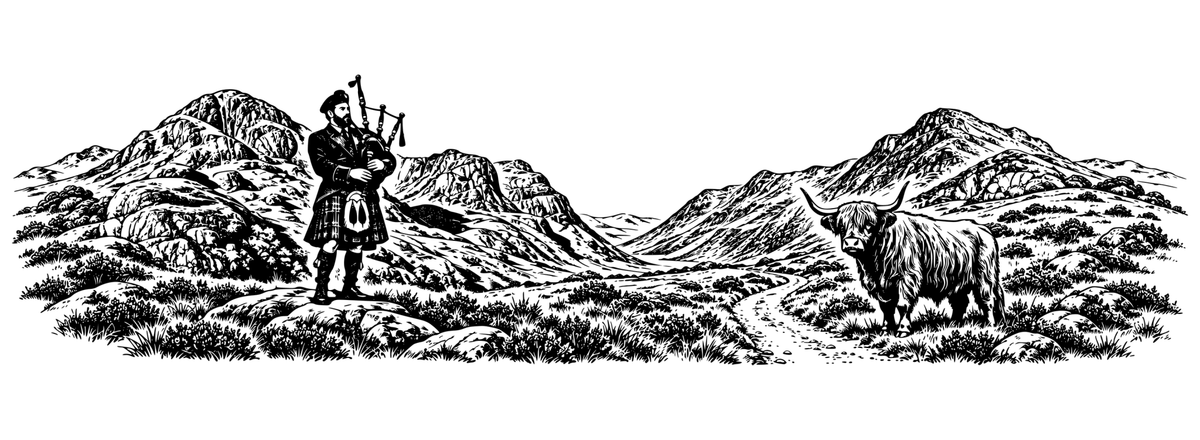 Glencoe Piper & Highland Cow: black-and-white panoramic laser engraving artwork with a piper, Highland cow and Glencoe mountains, design only.