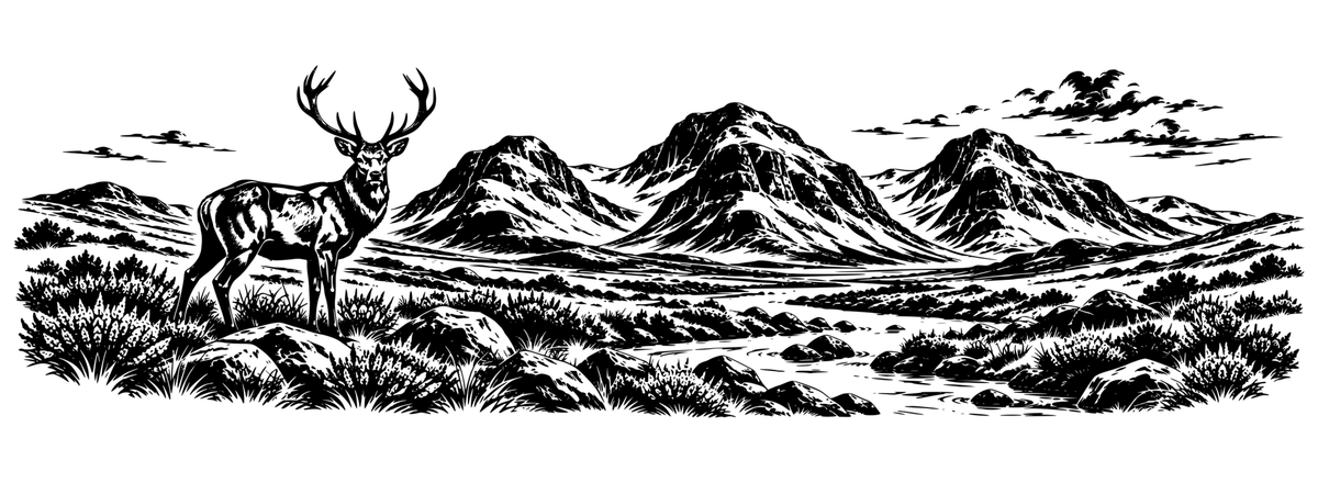 Glencoe Stag Highlands: black-and-white panoramic laser engraving artwork, design only.
