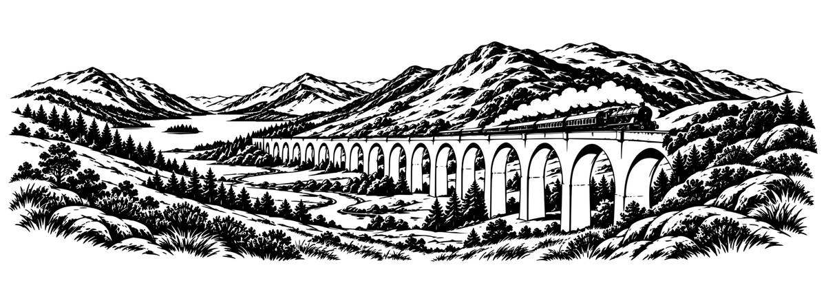Glenfinnan Highland Railway: black-and-white panoramic laser engraving artwork, design only.