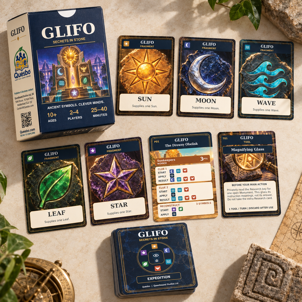 GLIFO™ - Secrets in Stone | Family Puzzle & Strategy Card Game | Ages 10+ - Quesbo