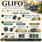 GLIFO how-to-play guide showing card drawing, tools, Gather, Research and Decipher actions, and an example glyph code.