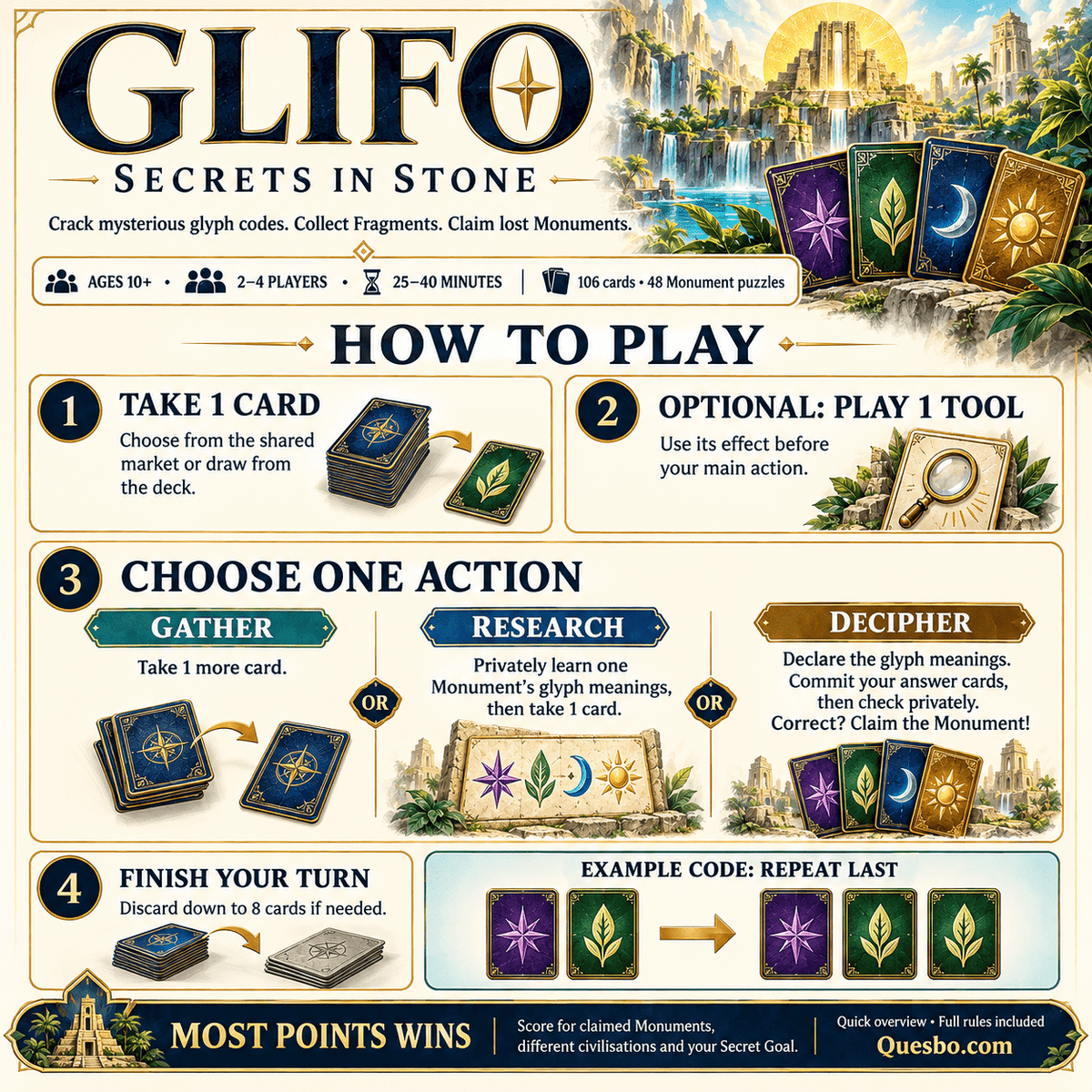 GLIFO™ - Secrets in Stone | Family Puzzle & Strategy Card Game | Ages 10+ - Quesbo