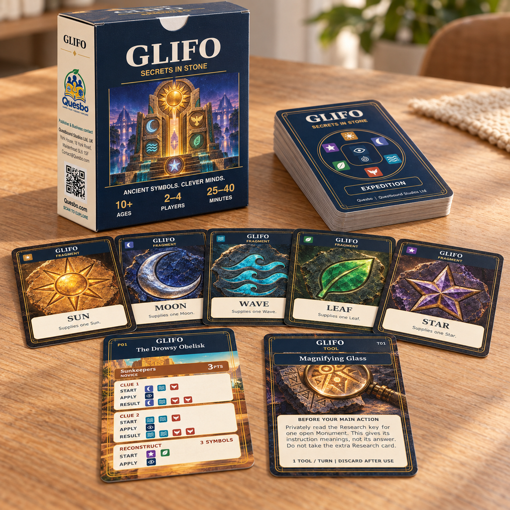 GLIFO: Secrets in Stone box and deck with Sun, Moon, Wave, Leaf and Star glyph cards, a monument puzzle and Magnifying Glass card.