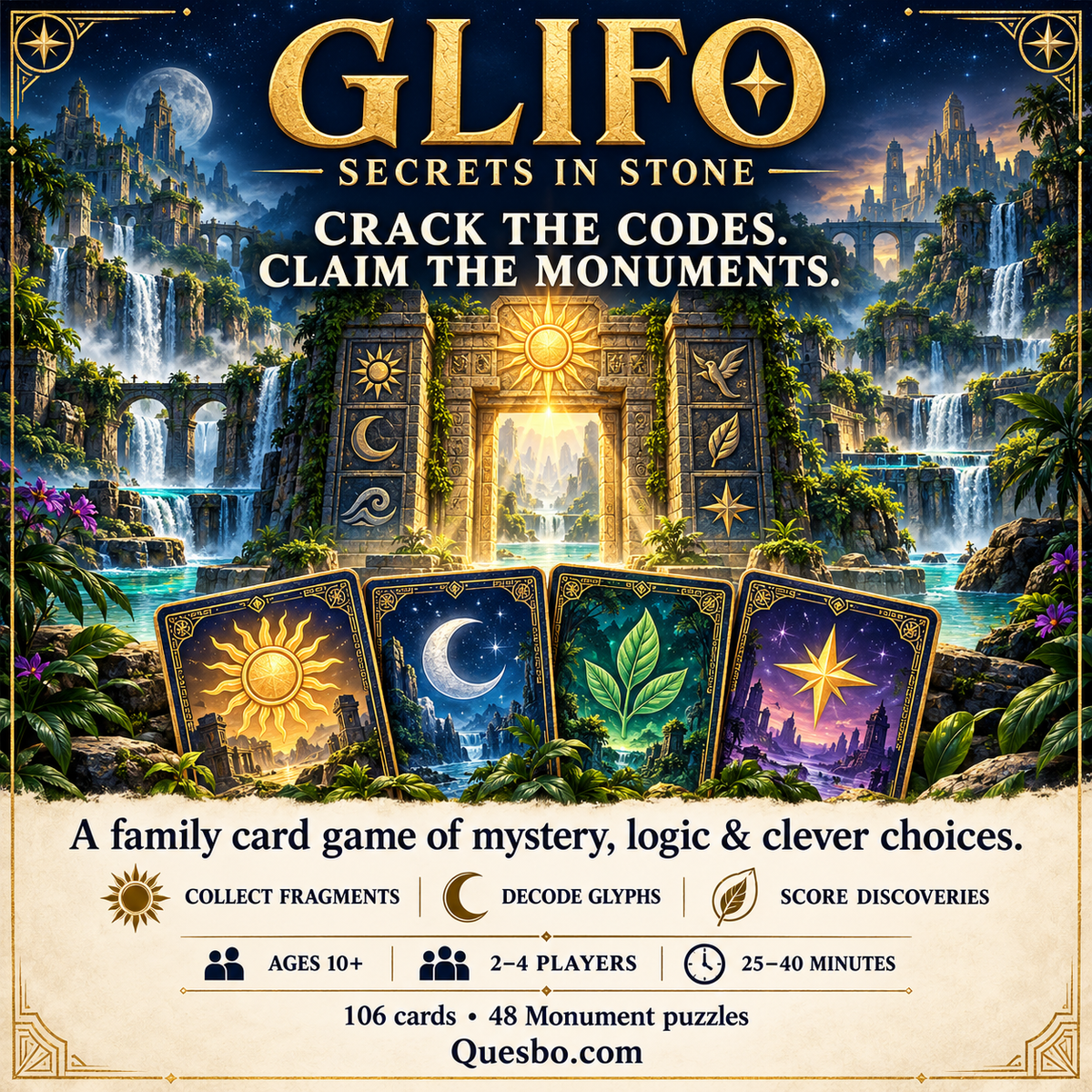 GLIFO™ - Secrets in Stone | Family Puzzle & Strategy Card Game | Ages 10+ - Quesbo