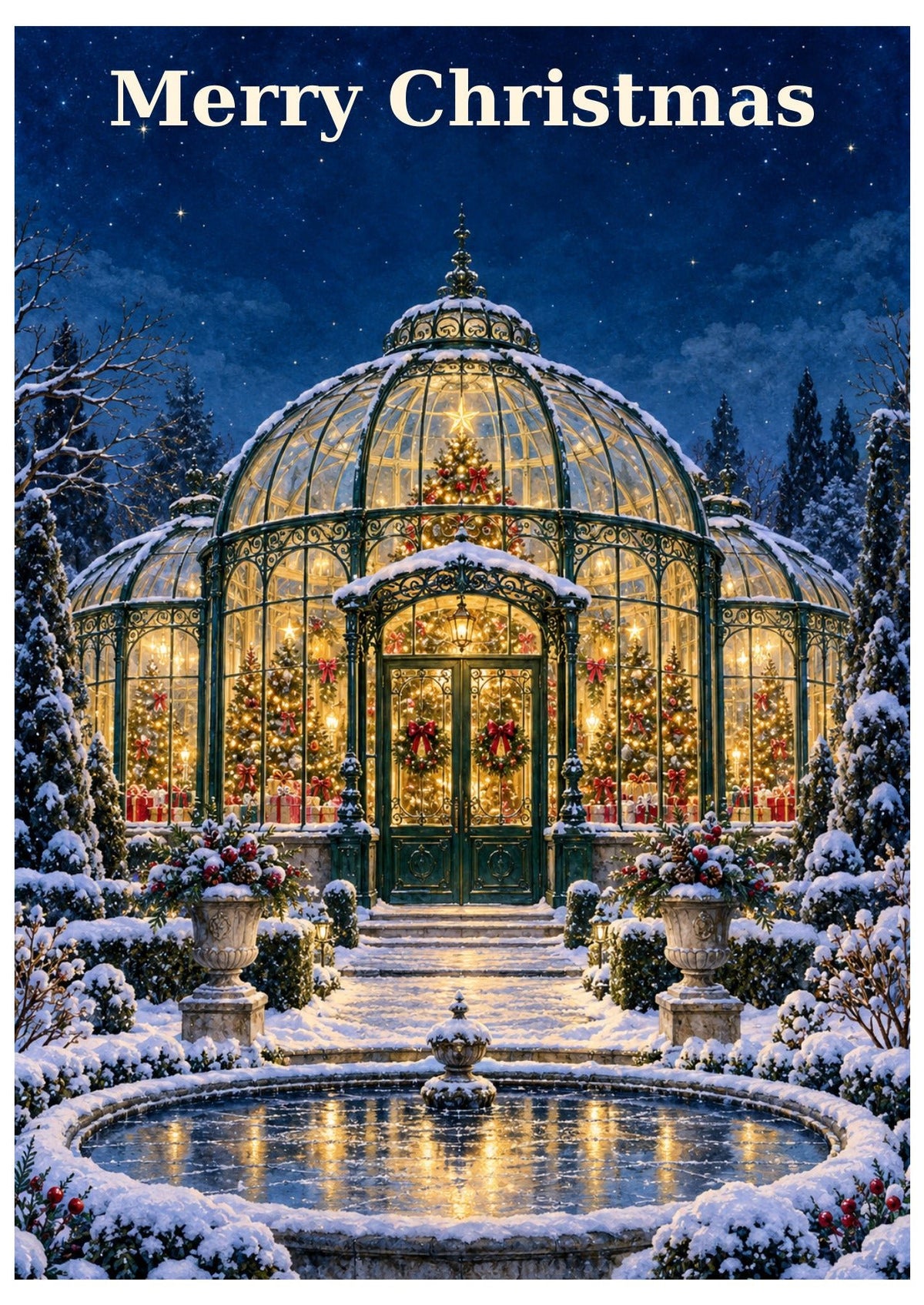 Conservatory-themed Christmas card with Merry Christmas lettering.