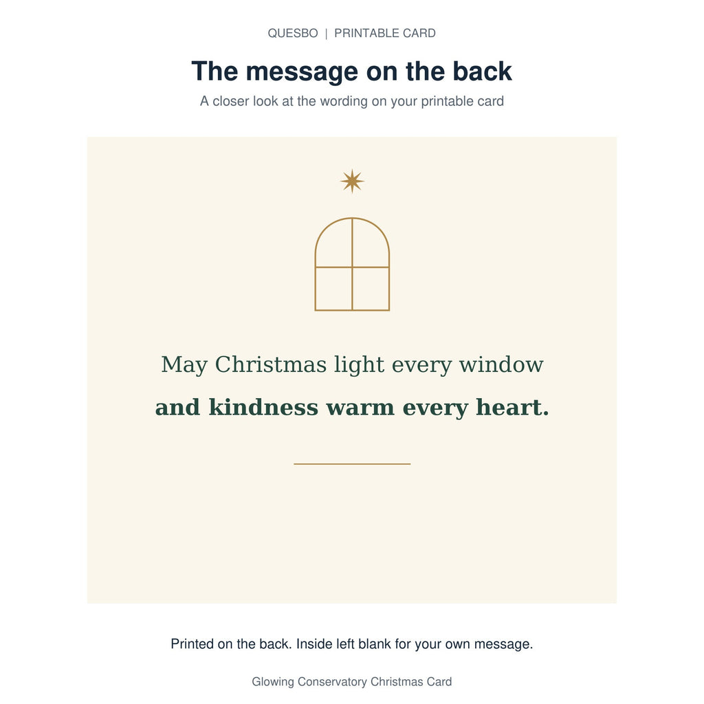 Printed message on the back of the PDF card: May Christmas light every window and kindness warm every heart. The inside is blank for your own handwritten message.