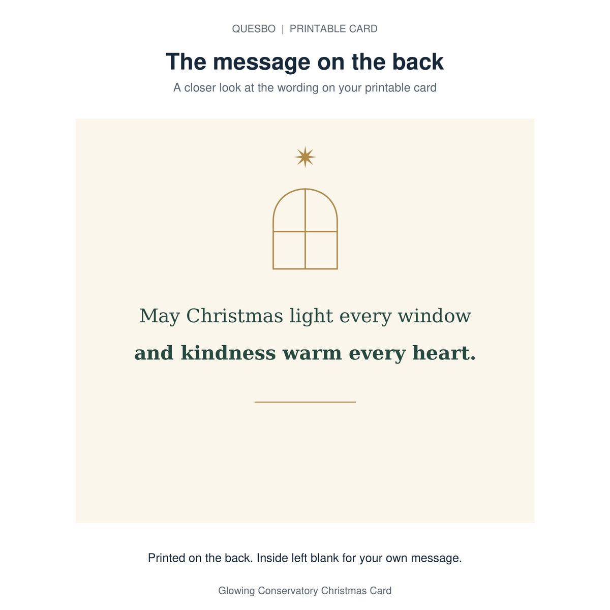 Printed message on the back of the PDF card: May Christmas light every window and kindness warm every heart. The inside is blank for your own handwritten message.