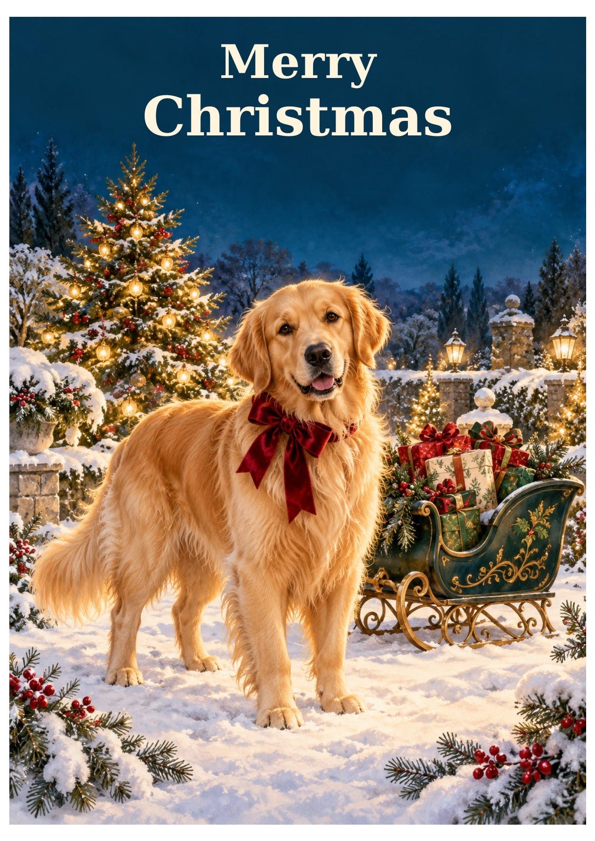 Golden retriever Christmas card with Merry Christmas lettering.