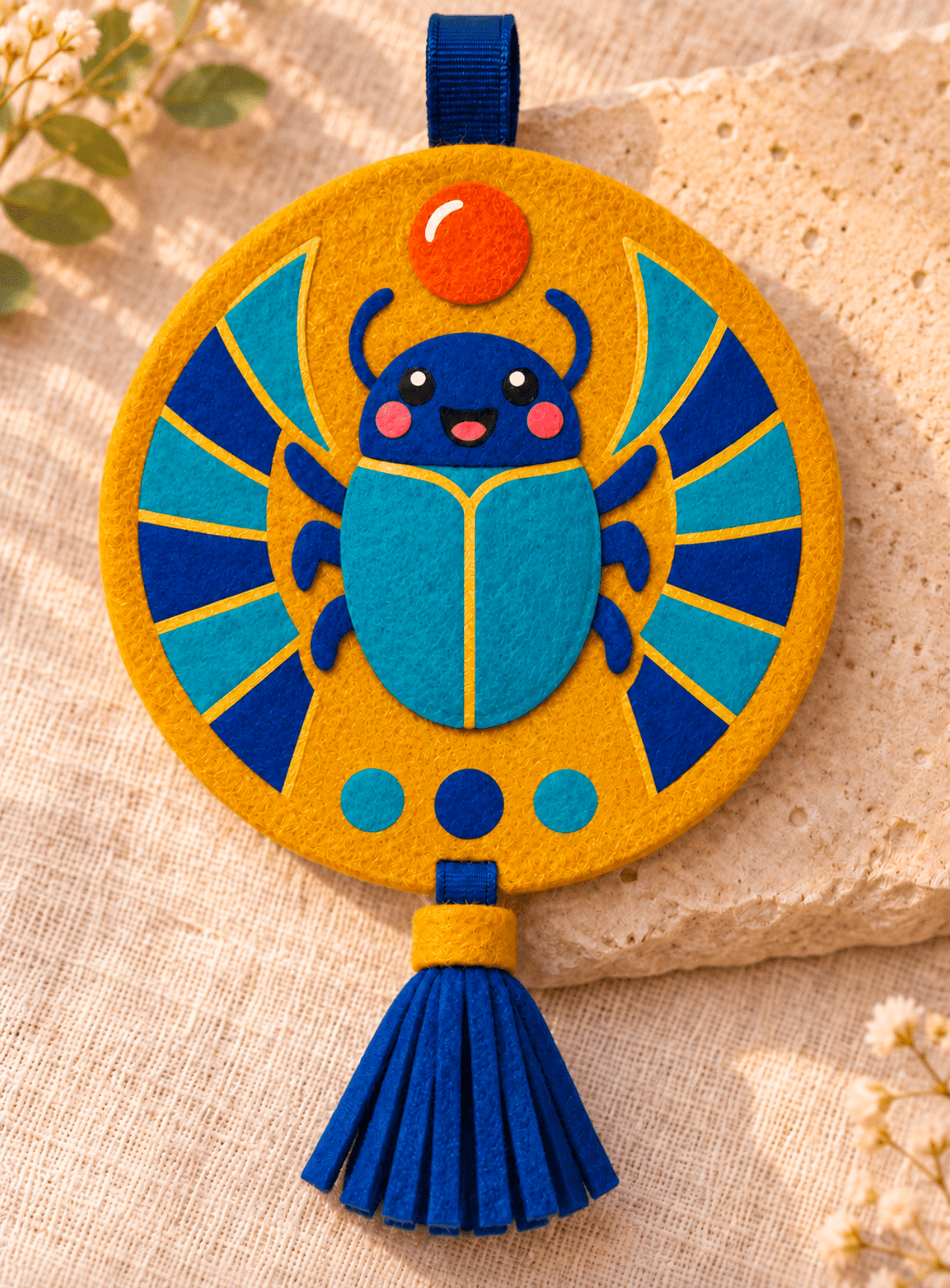 Golden Scarab craft design: a round yellow felt pendant with a blue and turquoise beetle, radiating geometric wings and a blue tassel.