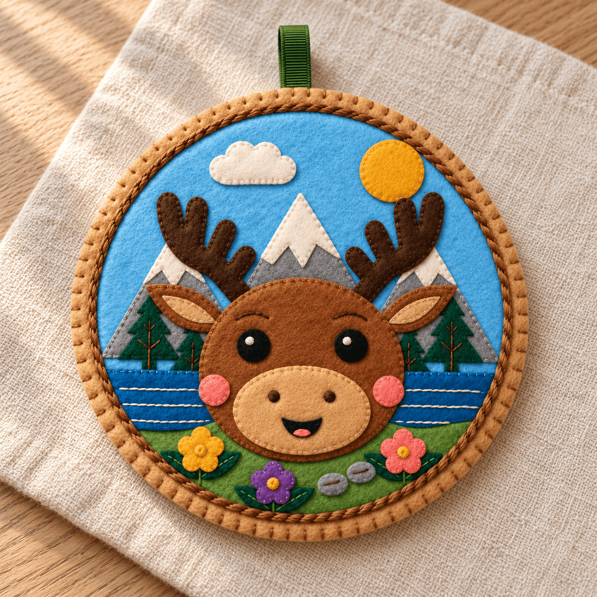Angled view of the Grand Teton Moose Keepsake sewing project showing layered felt scenery, stitched moose features, wildflowers and a couched cord frame.