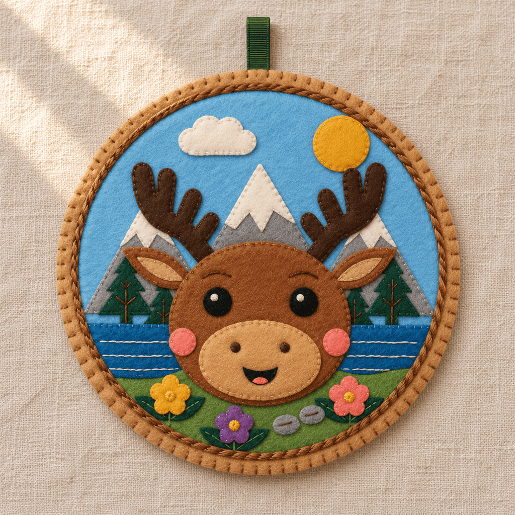 Grand Teton Moose Keepsake felt ornament with a smiling moose, antlers, snowy mountains, pine trees, blue lake, meadow flowers and golden cord border.