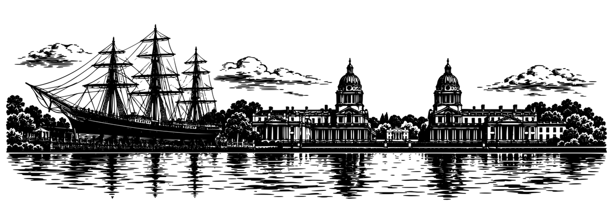 Greenwich Maritime Discovery: black-and-white panoramic laser engraving artwork, design only.