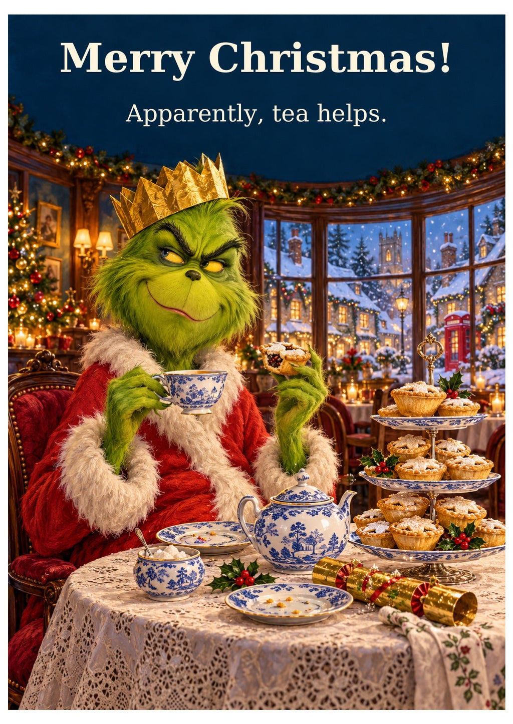 Grinch afternoon tea Christmas card with “Merry Christmas!” and “Apparently, tea helps.”