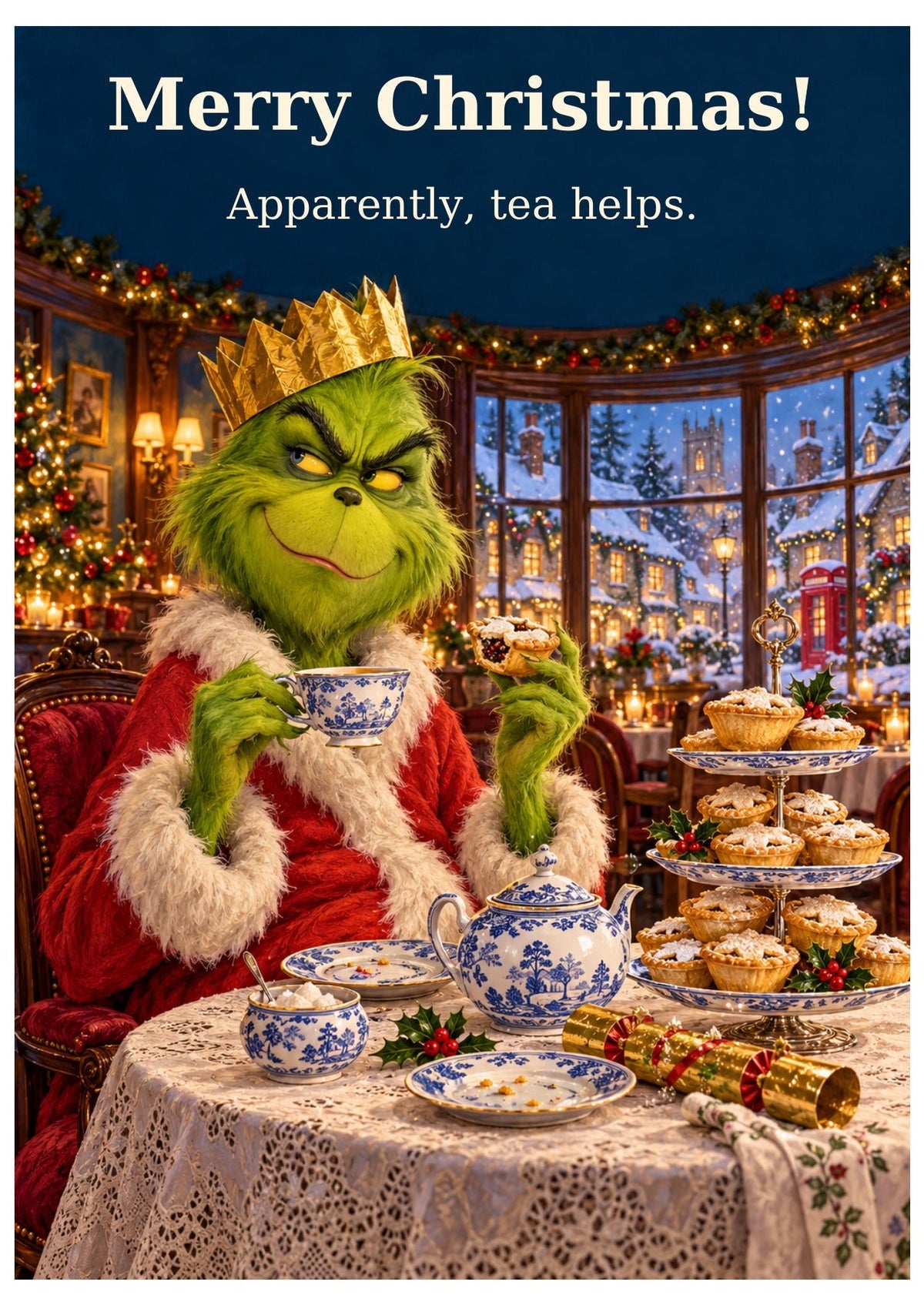 Grinch afternoon tea Christmas card with “Merry Christmas!” and “Apparently, tea helps.”